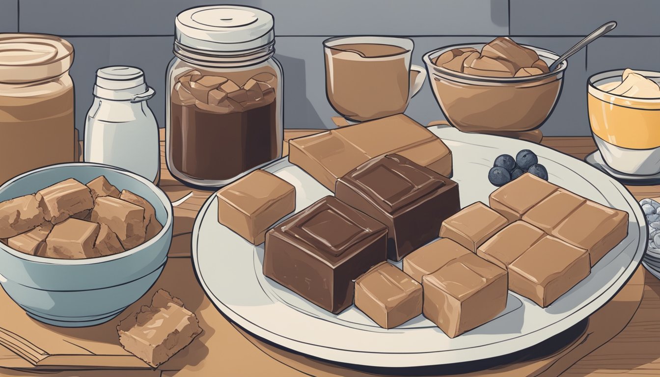 A kitchen counter with a plate of fudge, surrounded by various ingredients and a cookbook titled "The Fundamentals of Fudge."