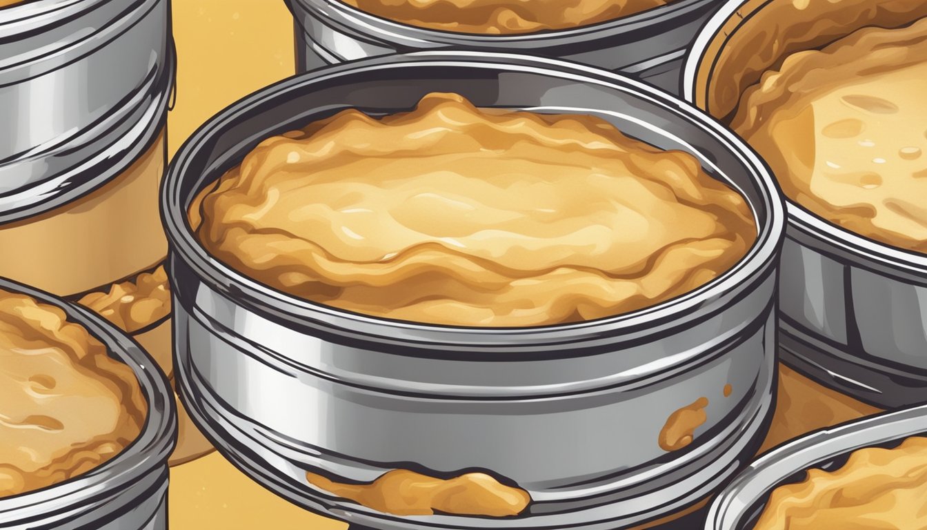 A can of pie filling with visible signs of spoilage, such as bulging or rusting