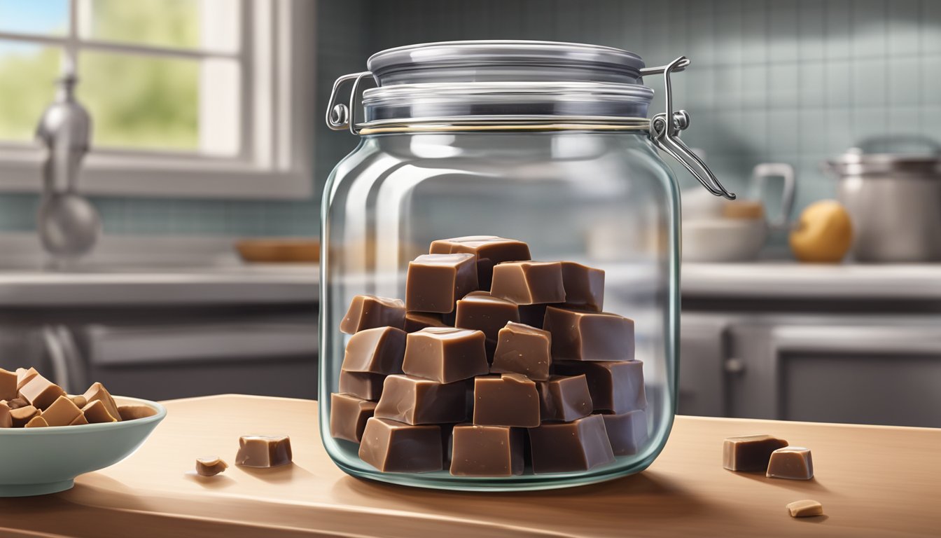 A glass jar filled with freshly made fudge sits on a kitchen counter, sealed with a lid to keep it fresh