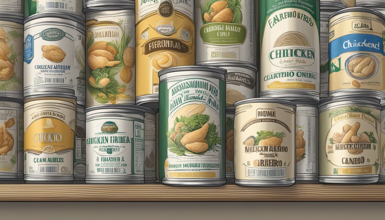 A can of chicken alfredo sits on a shelf, surrounded by other canned goods. The expiration date is visible on the label