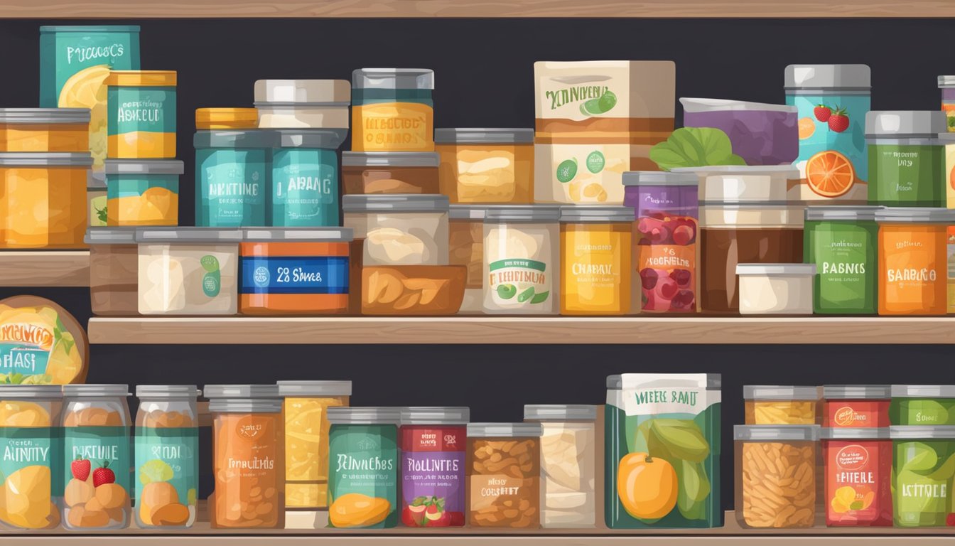 A pantry shelf with assorted canned pie fillings, some with expiration dates, surrounded by fresh fruit and baking supplies