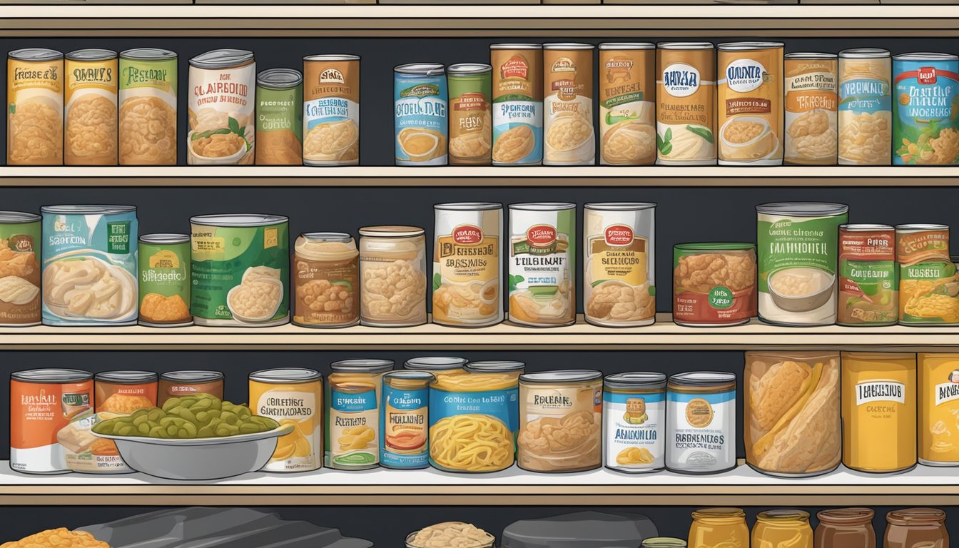 A pantry shelf with canned chicken alfredo, expiration date visible, surrounded by other canned goods