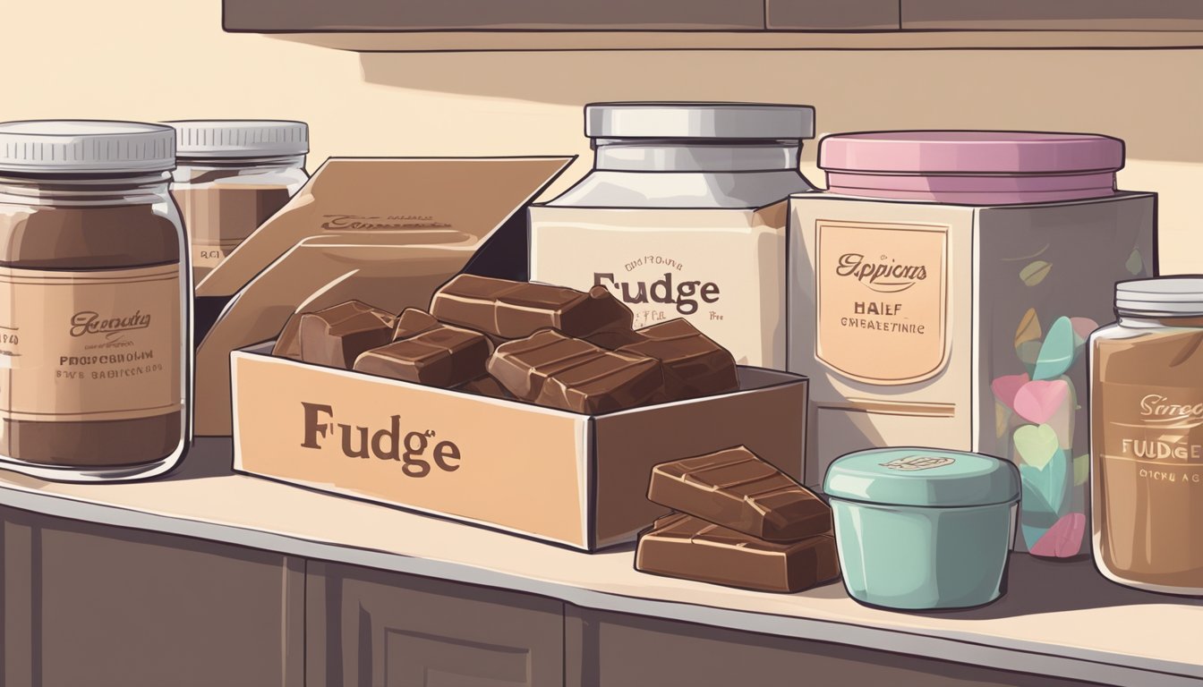 A half-opened box of fudge sits on a kitchen shelf, surrounded by other sweet treats. The expiration date on the box is faded and barely legible