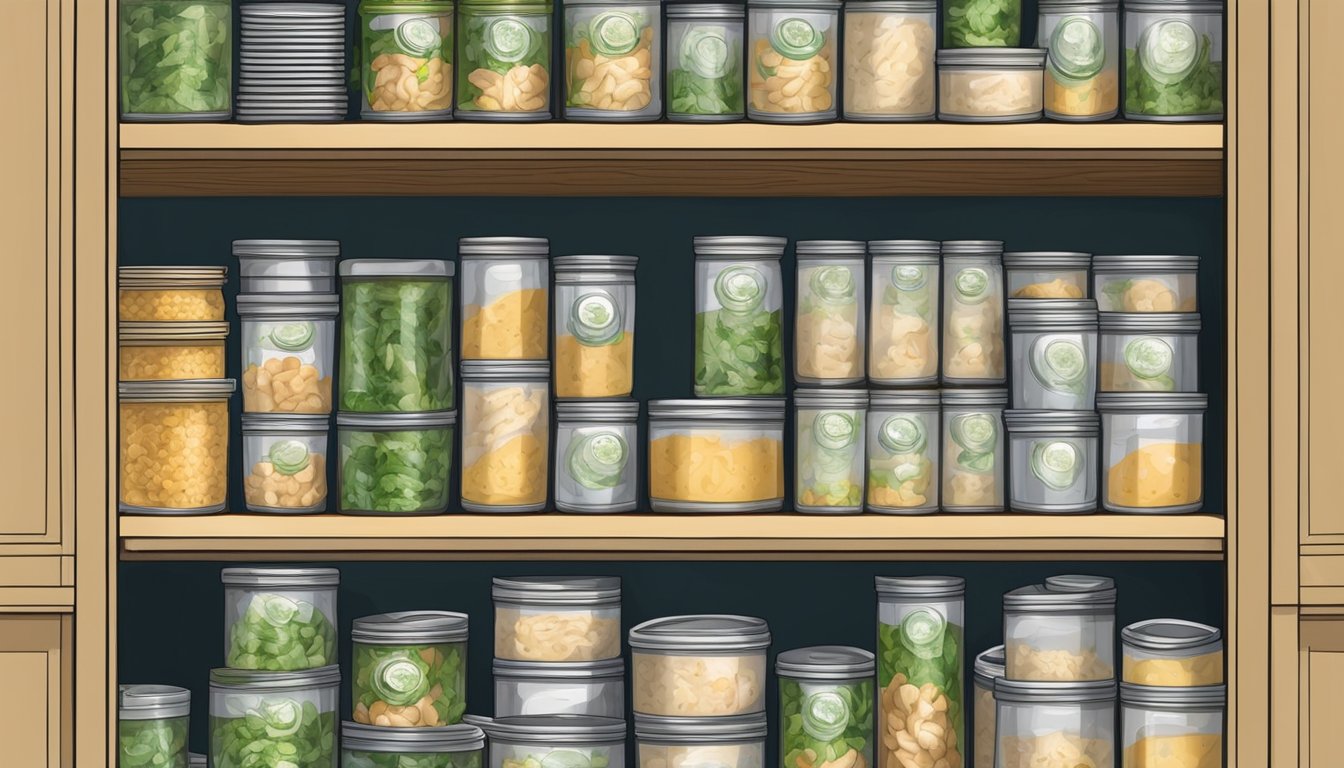 A pantry shelf with expired canned chicken alfredo, surrounded by mold and a foul odor