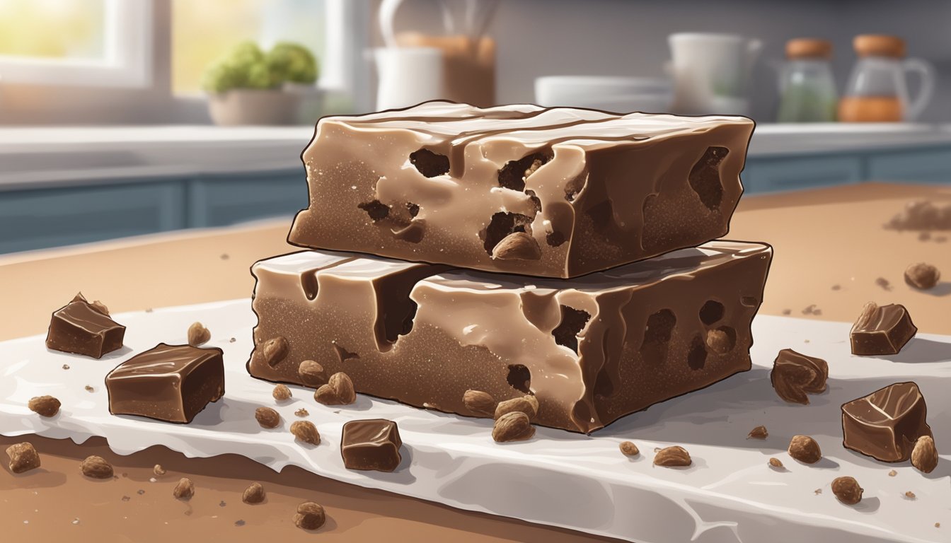 A half-eaten fudge left on a kitchen counter, surrounded by flies and with visible mold growth