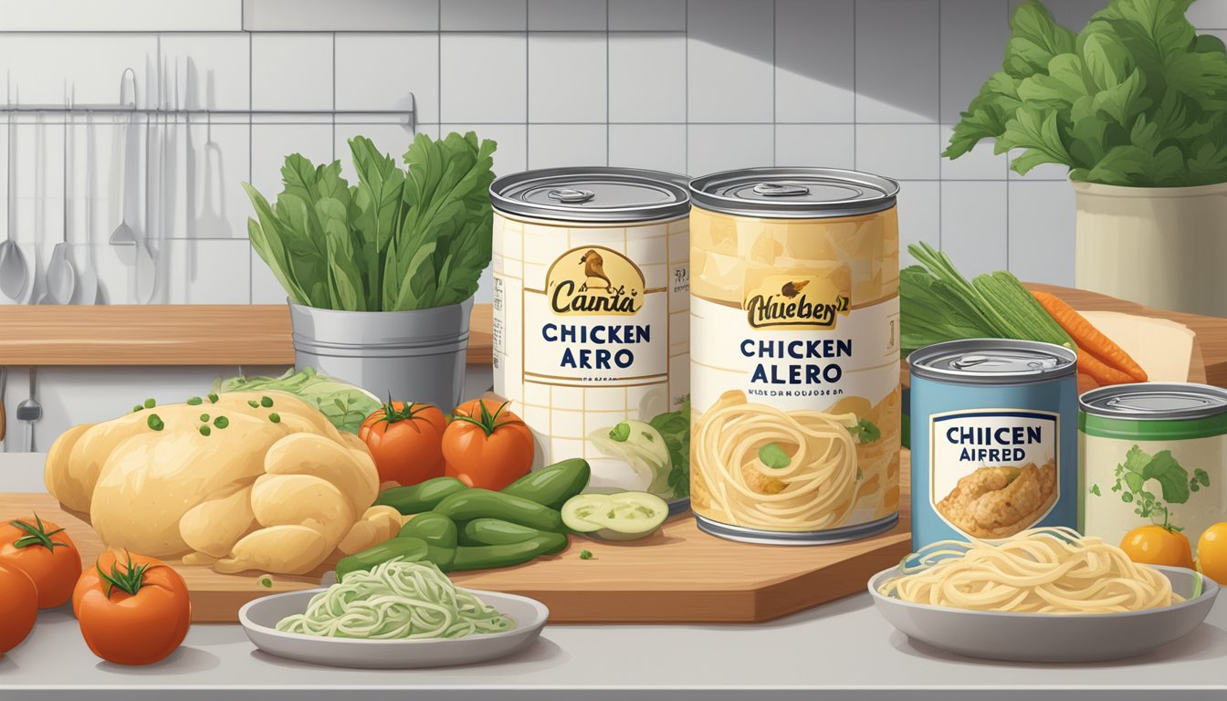 A can of chicken alfredo sits on a kitchen counter, surrounded by a variety of fresh and canned ingredients. A calendar on the wall shows the current date