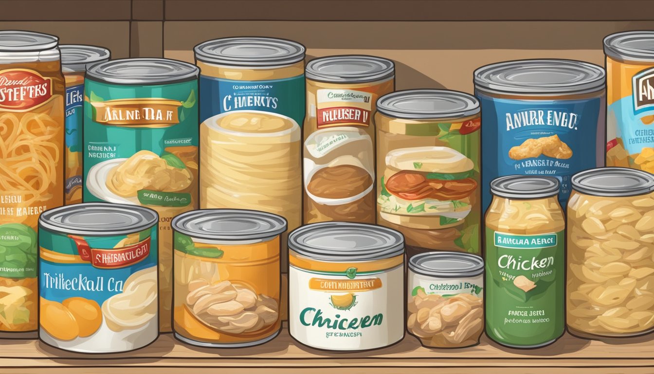 A pantry shelf with a can of chicken alfredo, surrounded by other canned goods and dry ingredients