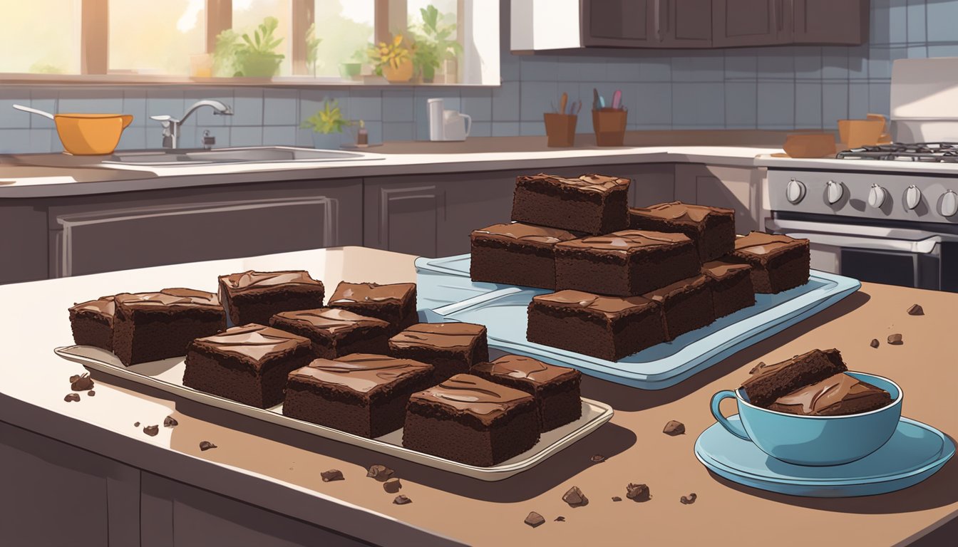 A plate of brownies sits on a kitchen counter, surrounded by crumbs. A few brownies are missing, and the remaining ones appear slightly dried out