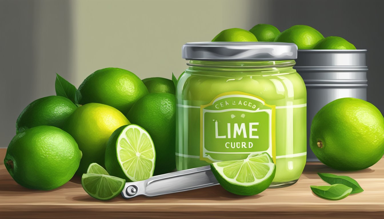 A jar of lime curd sits on a shelf, surrounded by fresh limes and a can opener