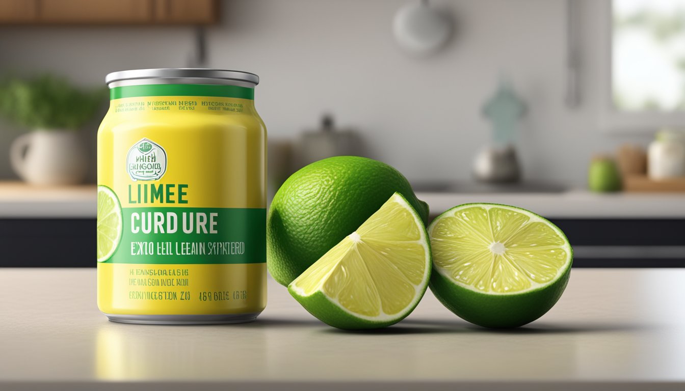 A can of lime curd sits on a clean, well-lit kitchen counter. The label indicates the expiration date has passed