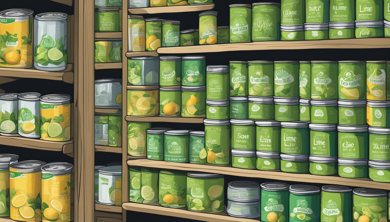 A can of lime curd sits on a shelf with a best-by date label. The can is surrounded by other canned goods and kitchen supplies