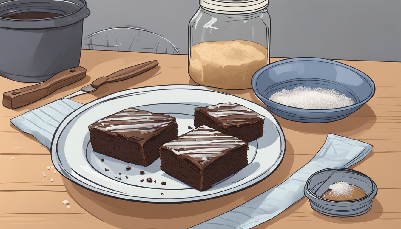 A plate of brownies sits on a kitchen counter, covered with a clear plastic wrap to keep them fresh. A small container of powdered sugar and a knife are nearby