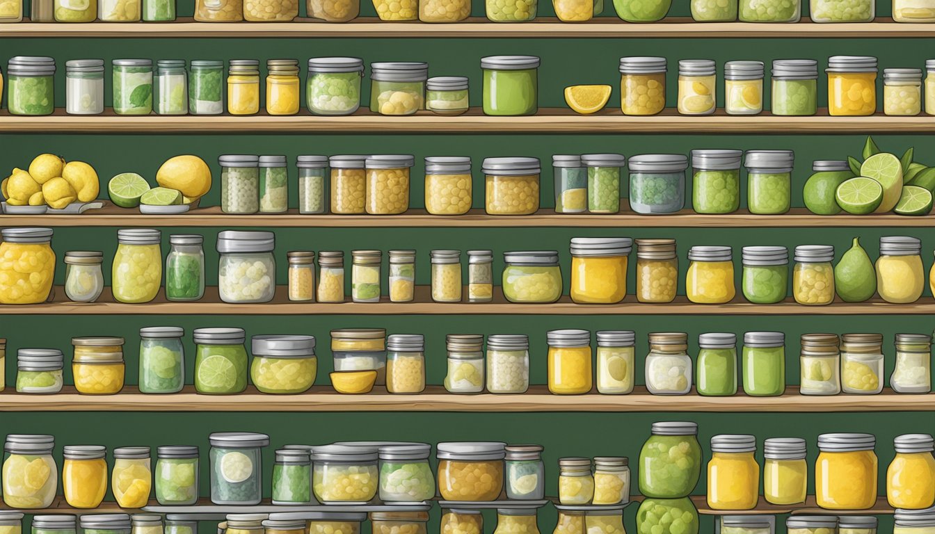 A pantry shelf with neatly organized rows of canned lime curd, surrounded by other preserved goods