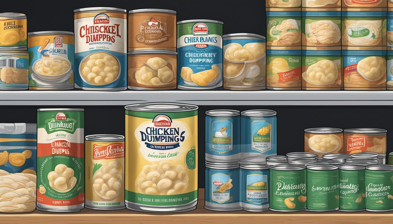 A can of chicken and dumplings sits on a shelf, surrounded by other canned goods. The expiration date is clearly visible on the label