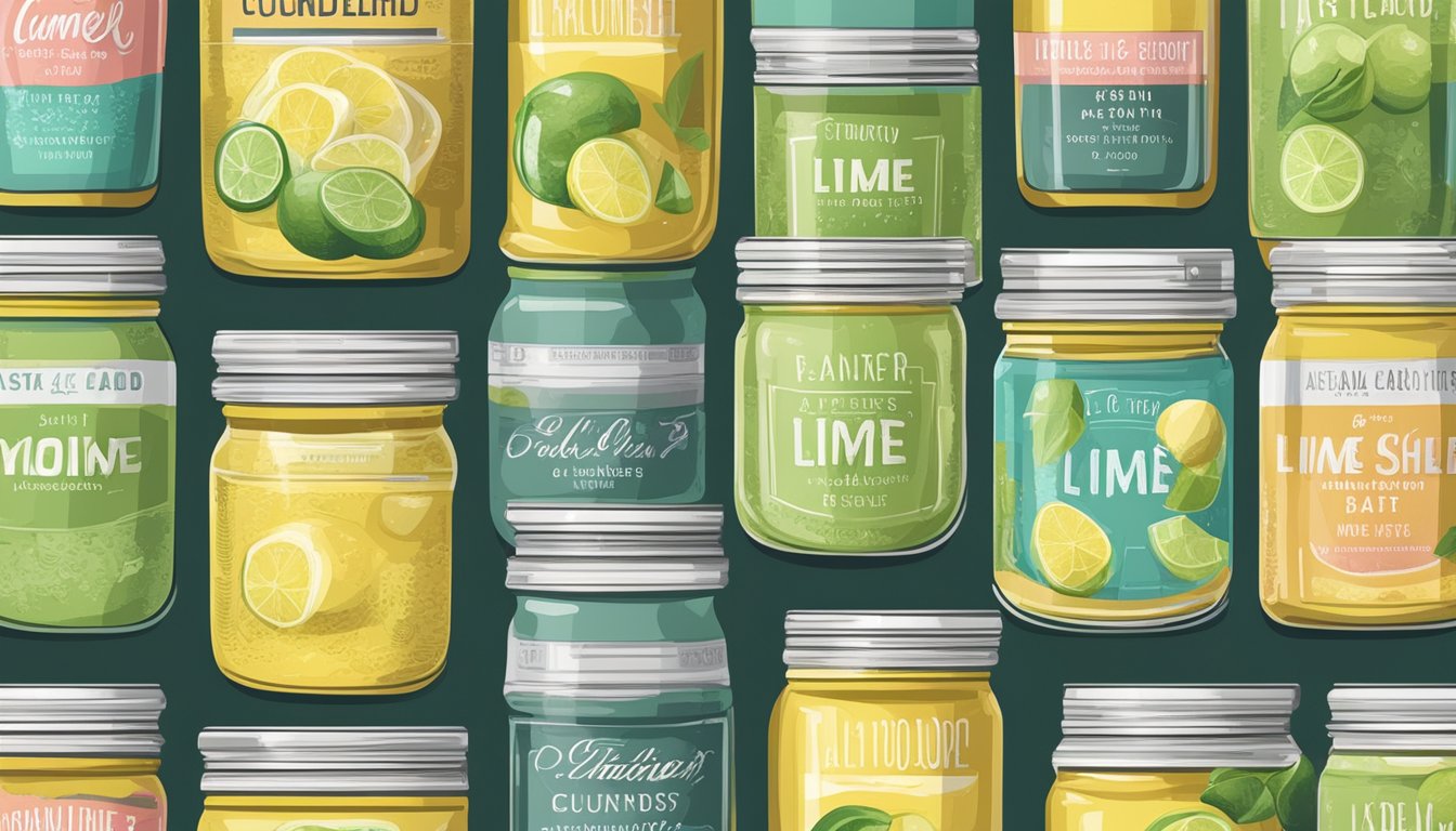 A pantry shelf with neatly arranged canned lime curd jars, some with expiration dates visible