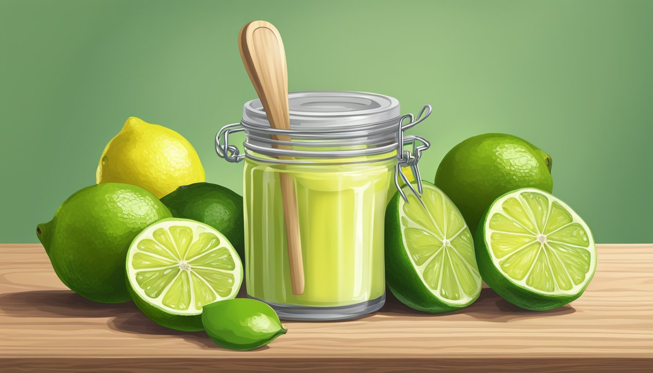 A jar of lime curd on a wooden table surrounded by fresh limes, a whisk, and a bowl of sugar