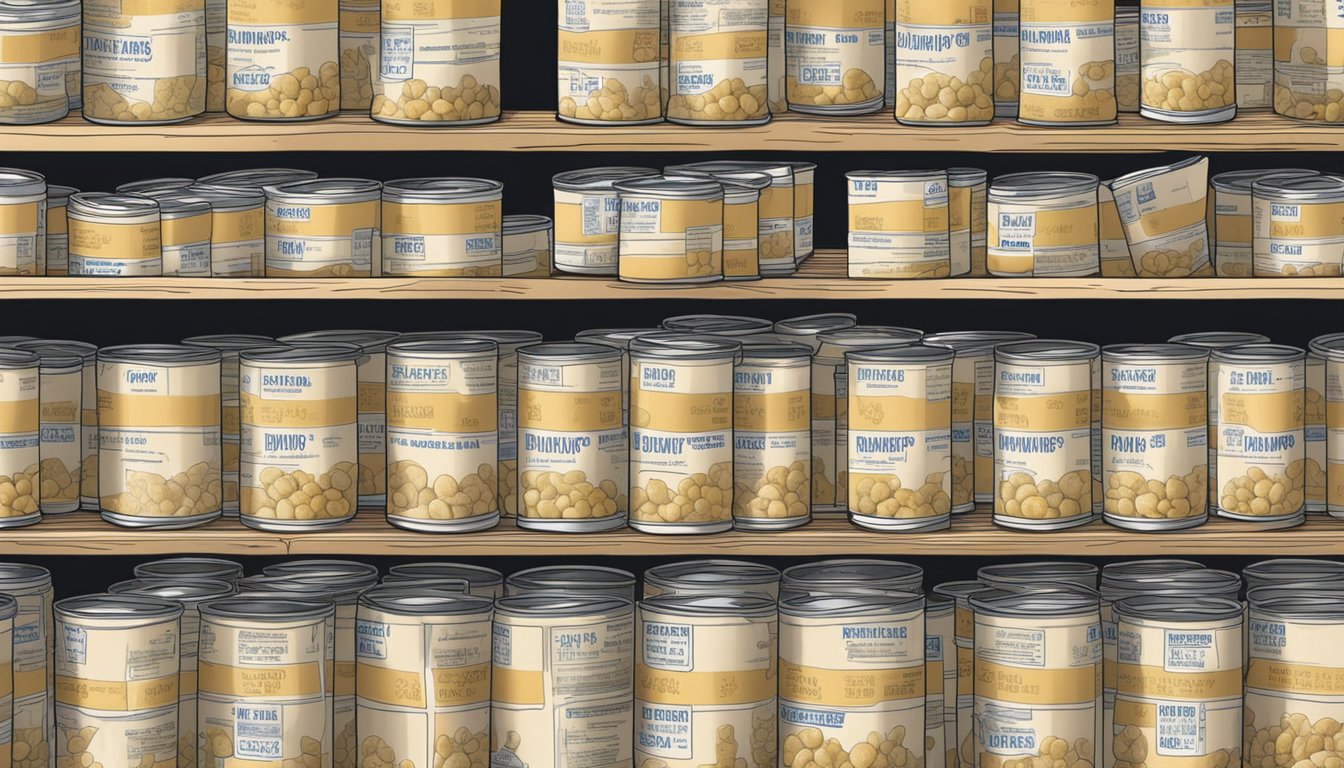 A pantry shelf with rows of neatly organized canned chicken and dumplings, with expiration dates clearly labeled