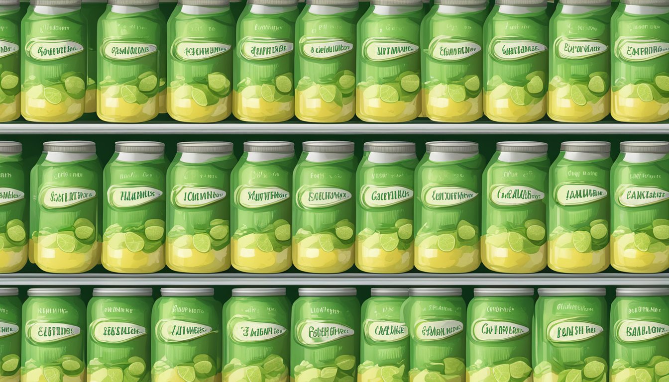 A shelf of canned lime curd with expiration dates