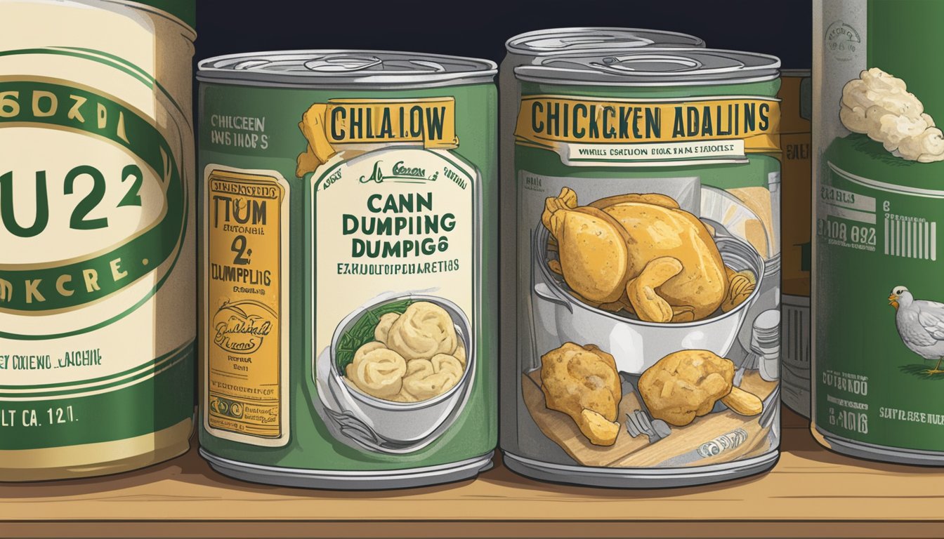 A can of chicken and dumplings sits on a shelf, surrounded by other canned goods. The label shows the expiration date, which has passed