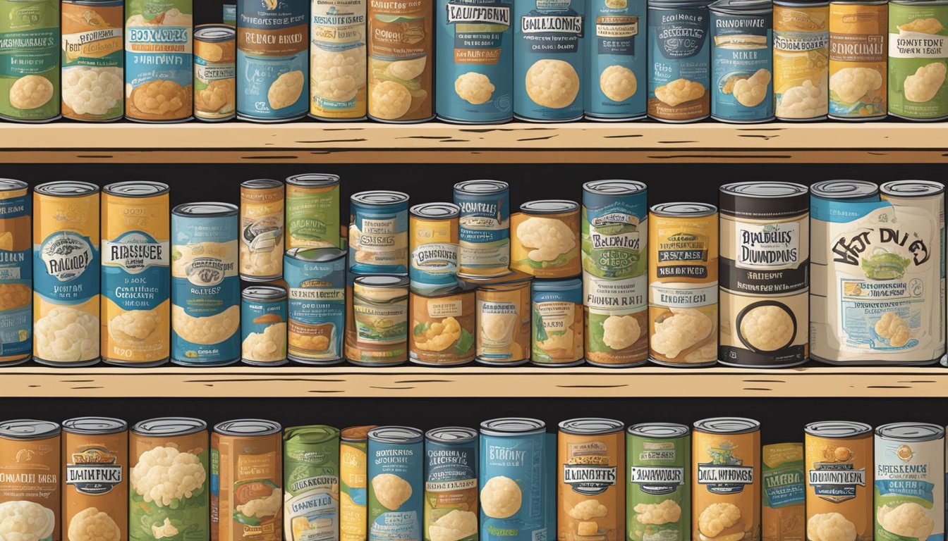 A pantry shelf with expired canned chicken and dumplings, surrounded by warning labels and a "best by" date