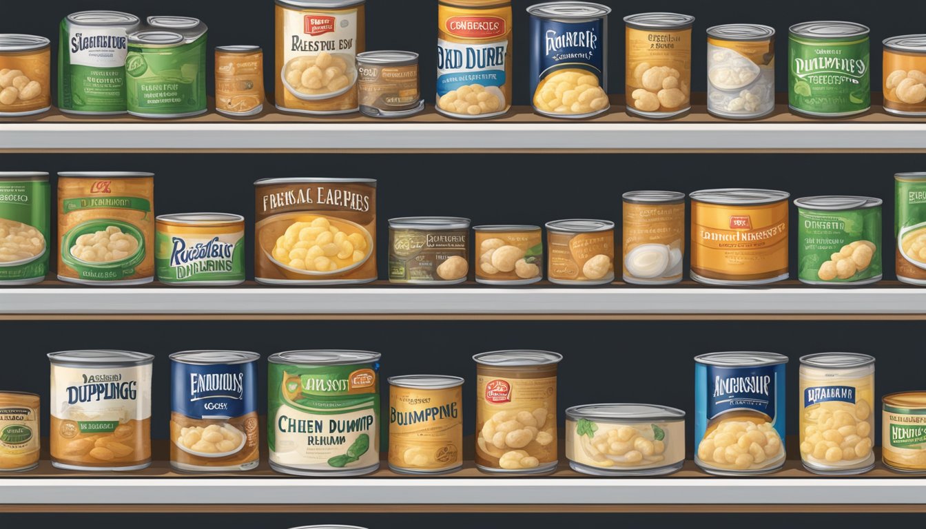 A pantry shelf with expired canned chicken and dumplings