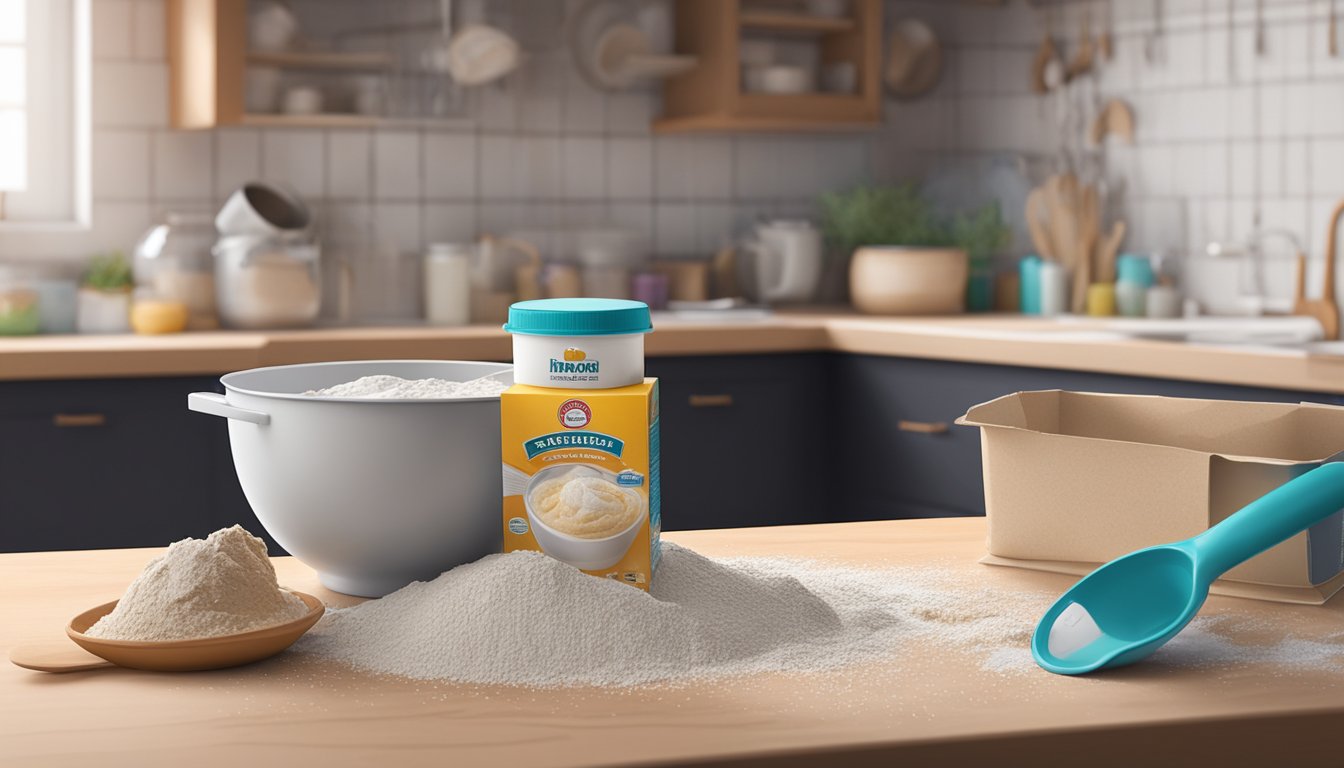 A box of cake mix sits open and neglected on a cluttered kitchen counter, surrounded by spilled flour and a forgotten mixing bowl