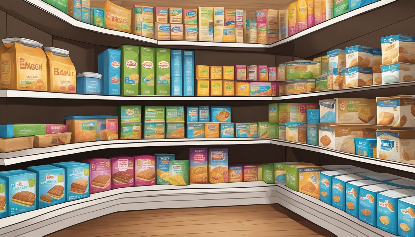 A pantry shelf with expired cake mix next to recognizable brand boxes