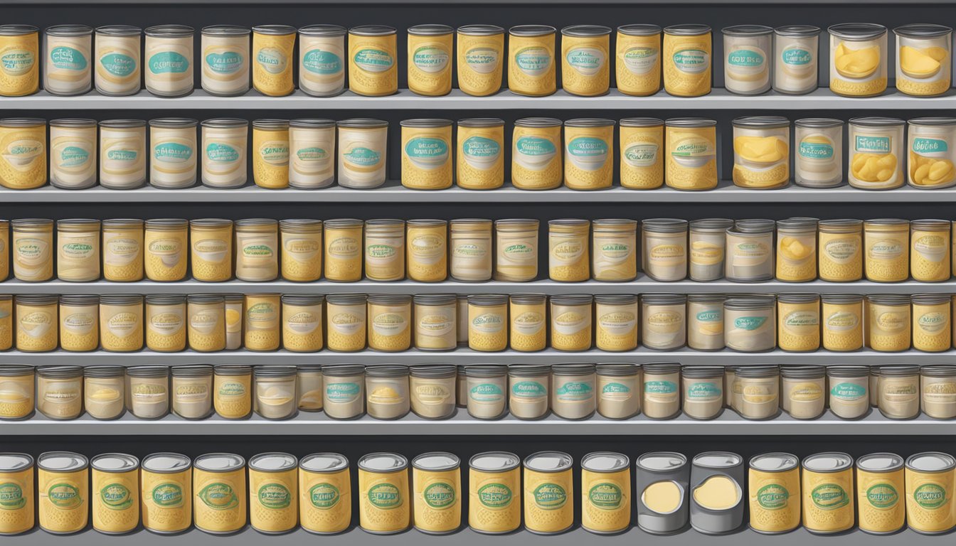 A pantry shelf with neatly organized rows of canned custard, with expiration dates clearly visible on the labels