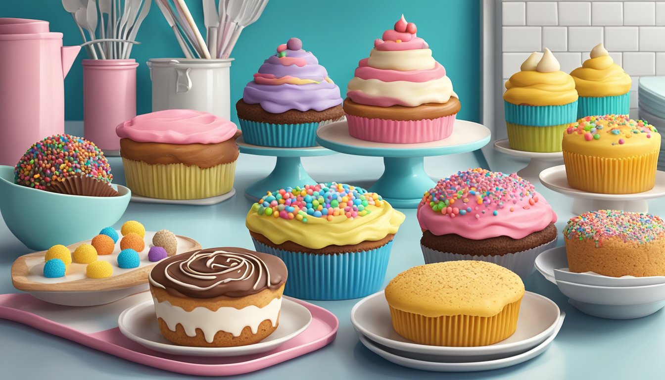 A colorful array of baked goods using cake mix, including cupcakes, cookies, and cake pops, displayed on a kitchen counter