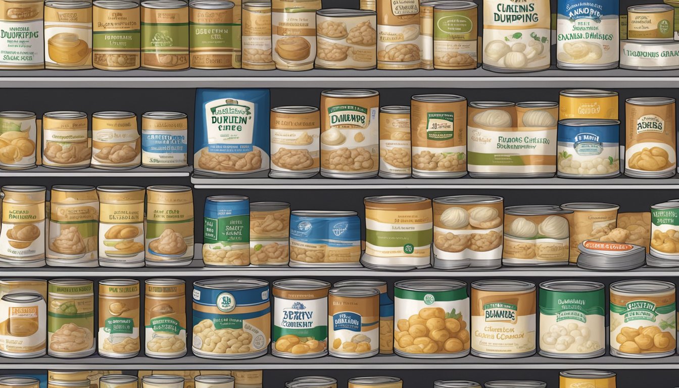 A pantry shelf with rows of canned chicken and dumplings, some with expiration dates visible