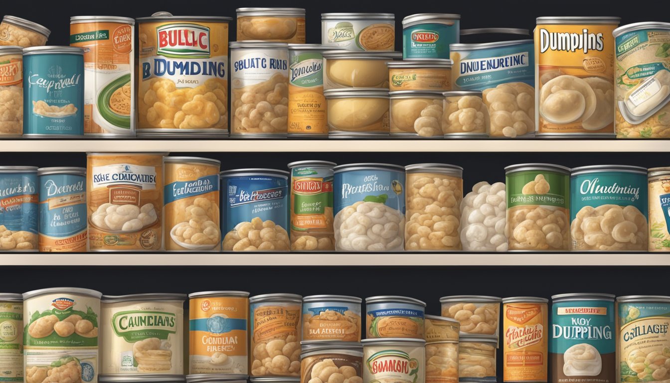 A pantry shelf with expired canned chicken and dumplings, surrounded by signs of spoilage such as bulging, rust, and foul odor