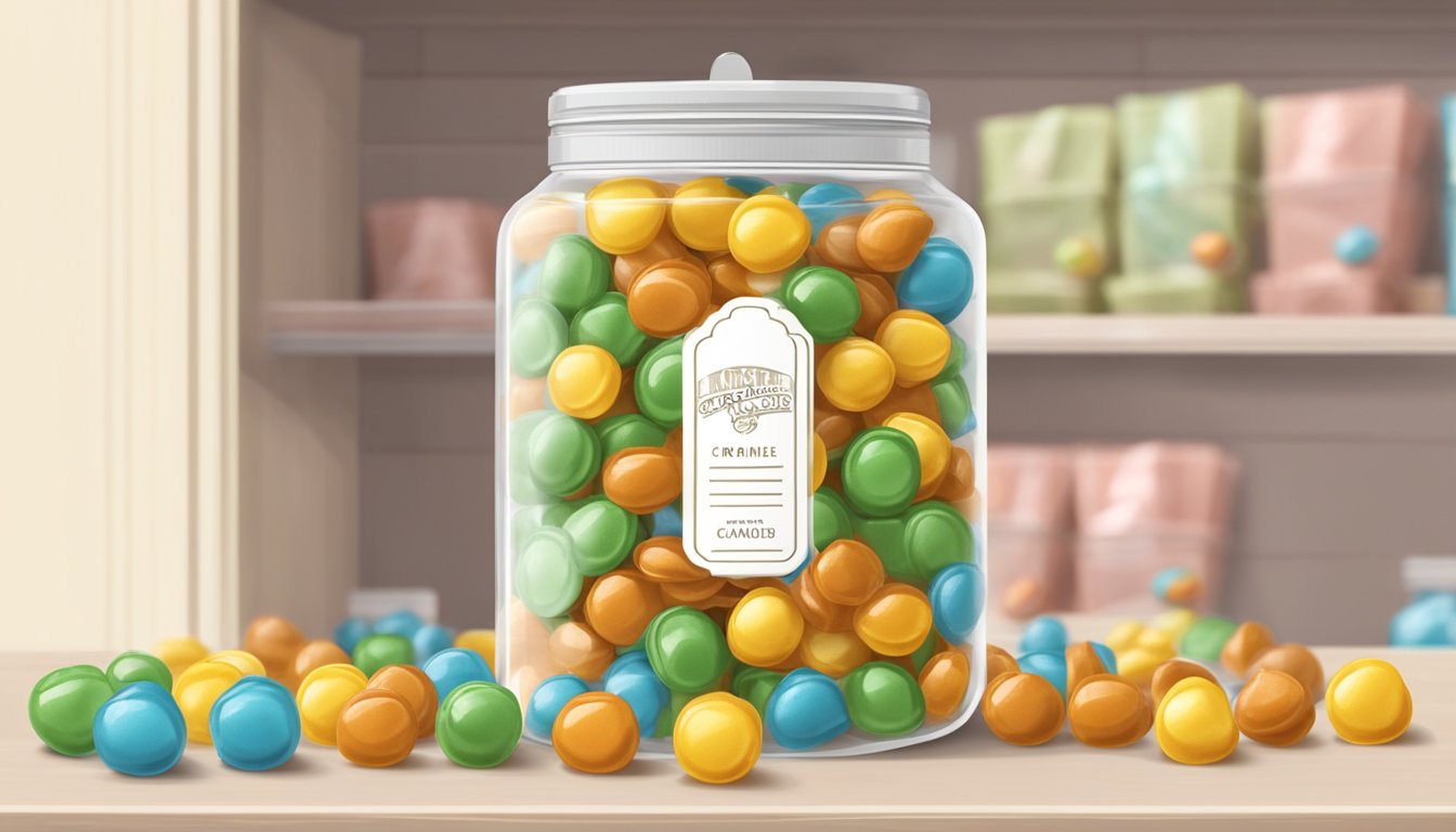 A clear plastic container filled with individually wrapped caramel candies, neatly organized on a shelf with a label indicating the expiration date