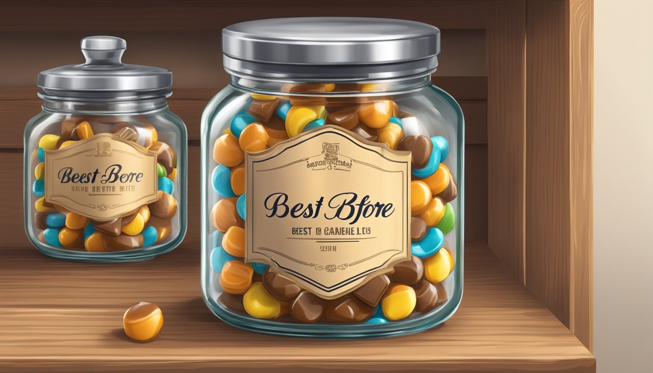 A clear glass jar filled with caramel candies, sealed with a metal lid, sitting on a wooden shelf with a "best before" date printed on the label