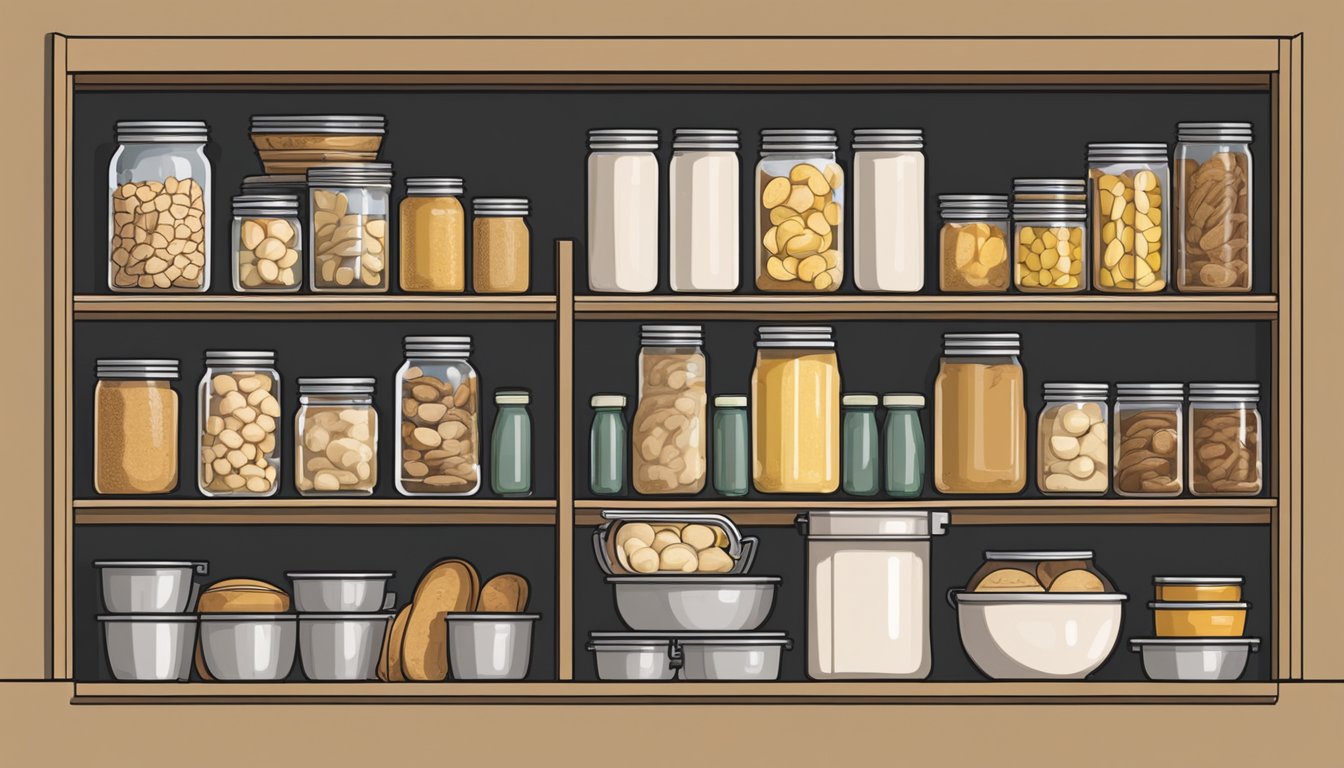 A well-stocked pantry with neatly organized shelves of canned chicken and dumplings, alongside other non-perishable items