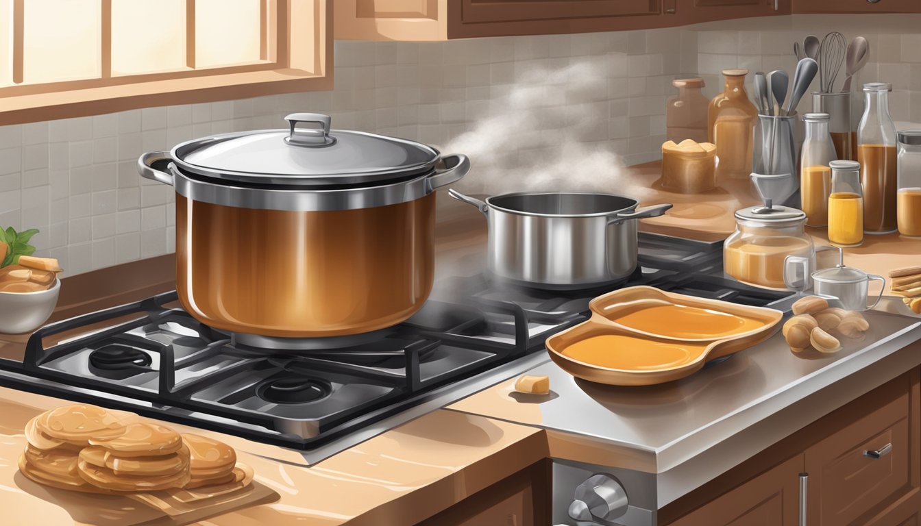 A pot of bubbling caramel on a stove, surrounded by various baking ingredients and utensils