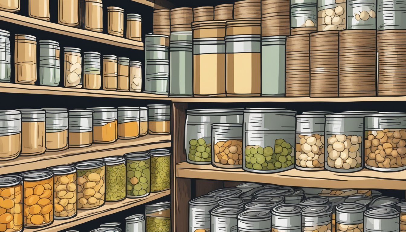 A pantry with rows of canned chicken and dumplings, some expired, others neatly organized with storage tips displayed nearby