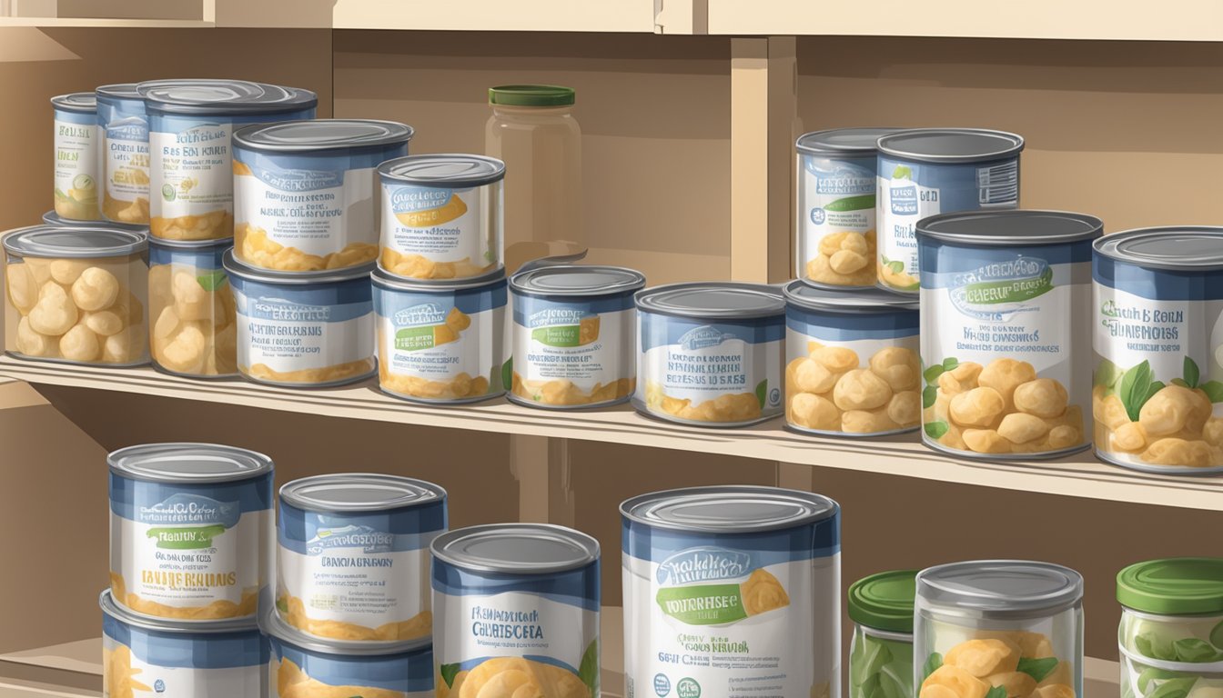 A pantry shelf with canned chicken and dumplings, expiration date visible, surrounded by storage containers and a label with storage tips