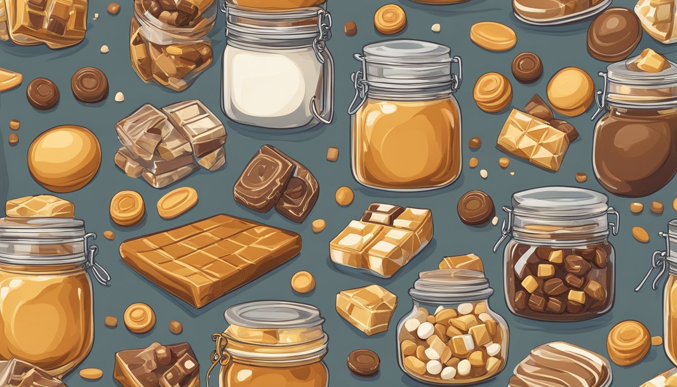 A jar of toffee sits on a kitchen counter, surrounded by various sweets and candies. The toffee has started to develop a slightly sticky texture and a faint, off-putting odor