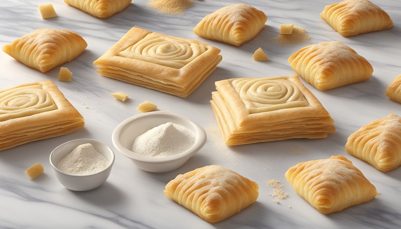 A neatly arranged stack of puff pastry sheets on a clean, white marble countertop, with a few crumbs scattered around and a rolling pin nearby