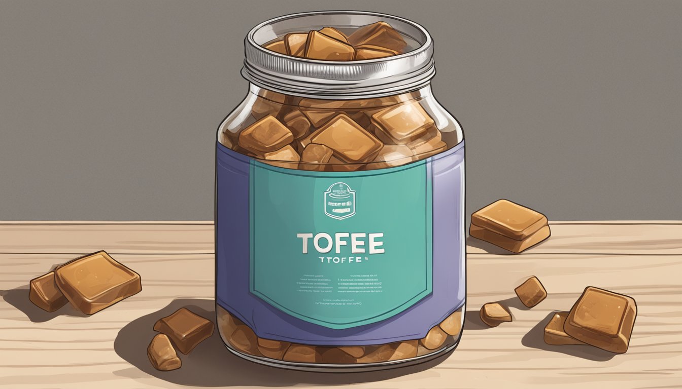 A jar of toffee sits on a dusty shelf, its lid slightly ajar. The toffee inside appears sticky and discolored, with a few pieces showing signs of mold