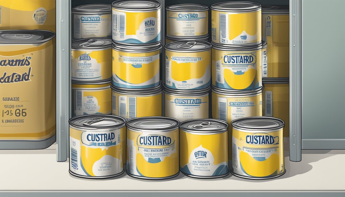 A can of custard sits on a shelf, surrounded by other canned goods. The expiration date is clearly displayed on the label