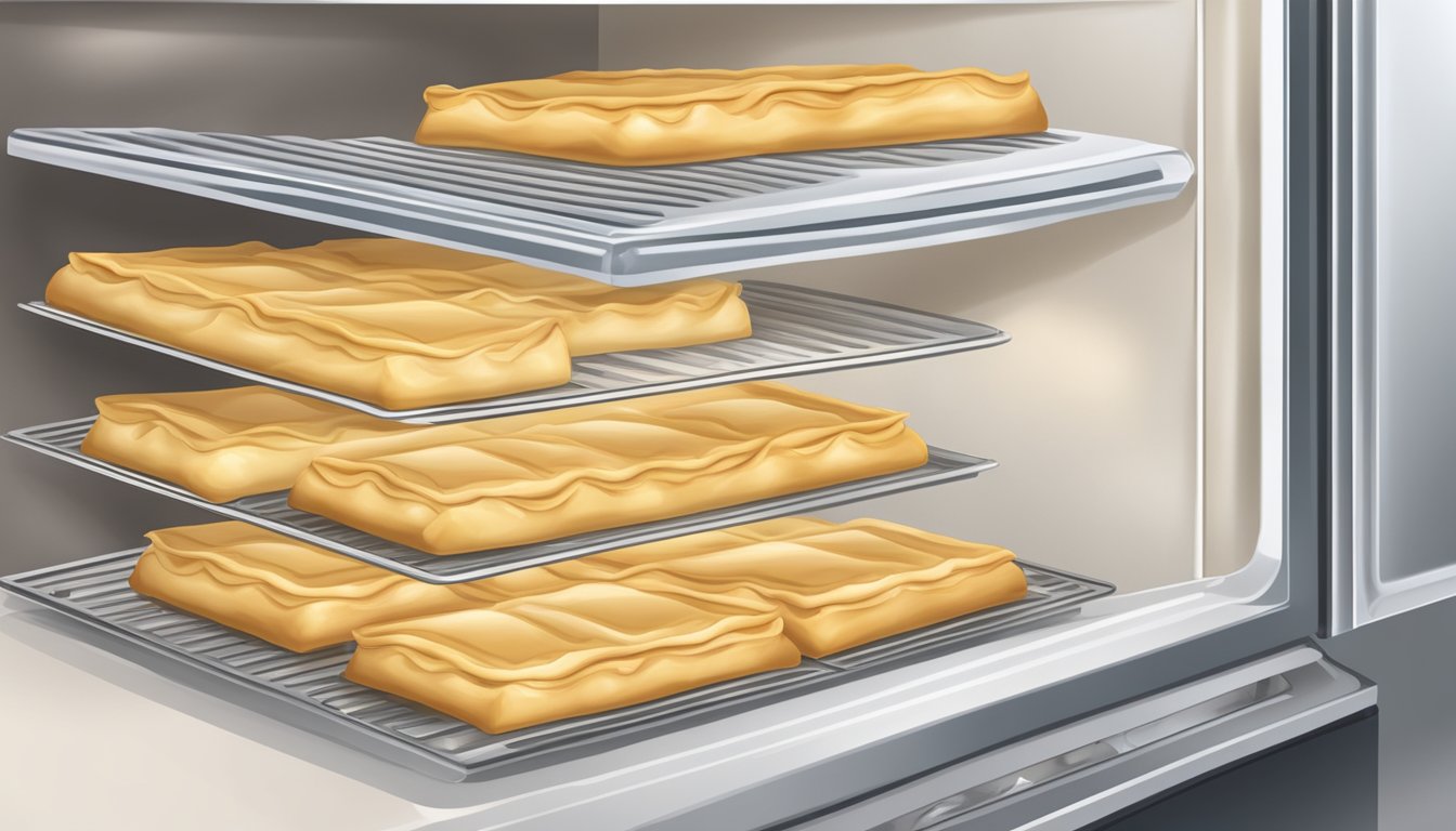 A sealed package of puff pastry stored in a refrigerator