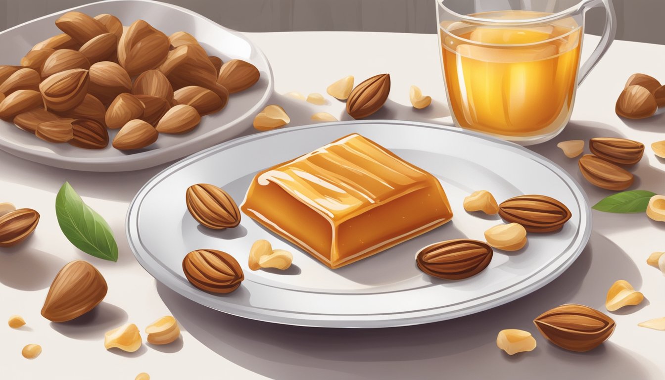 A toffee candy sits on a clean, white plate, surrounded by fresh, vibrant ingredients like nuts, vanilla beans, and honey. The scene exudes a sense of sweetness and freshness