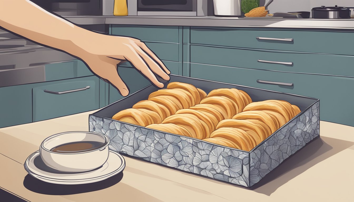 A hand reaching for a box of puff pastry on a kitchen counter