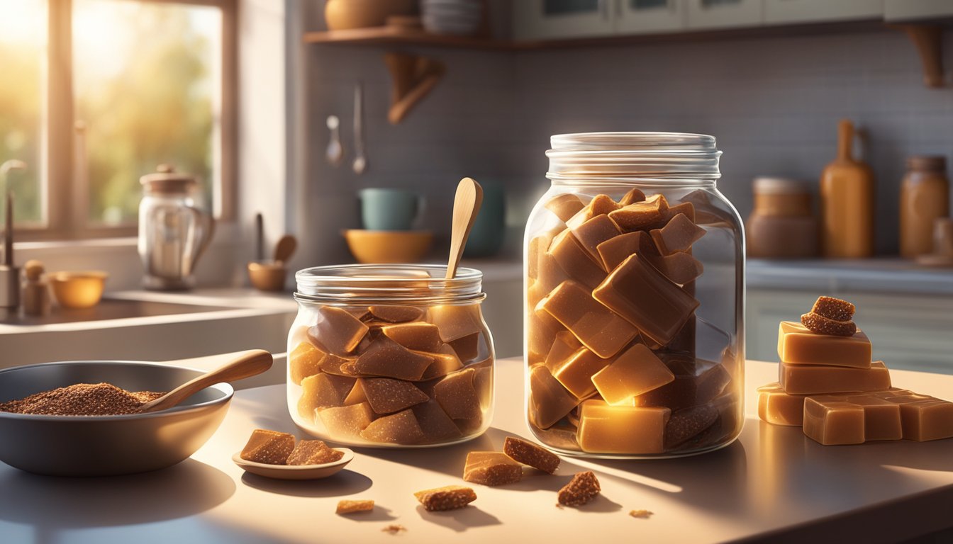 A jar of toffee sits on a kitchen counter, surrounded by ingredients and utensils. Sunlight streams in through a window, casting a warm glow on the sweet treat