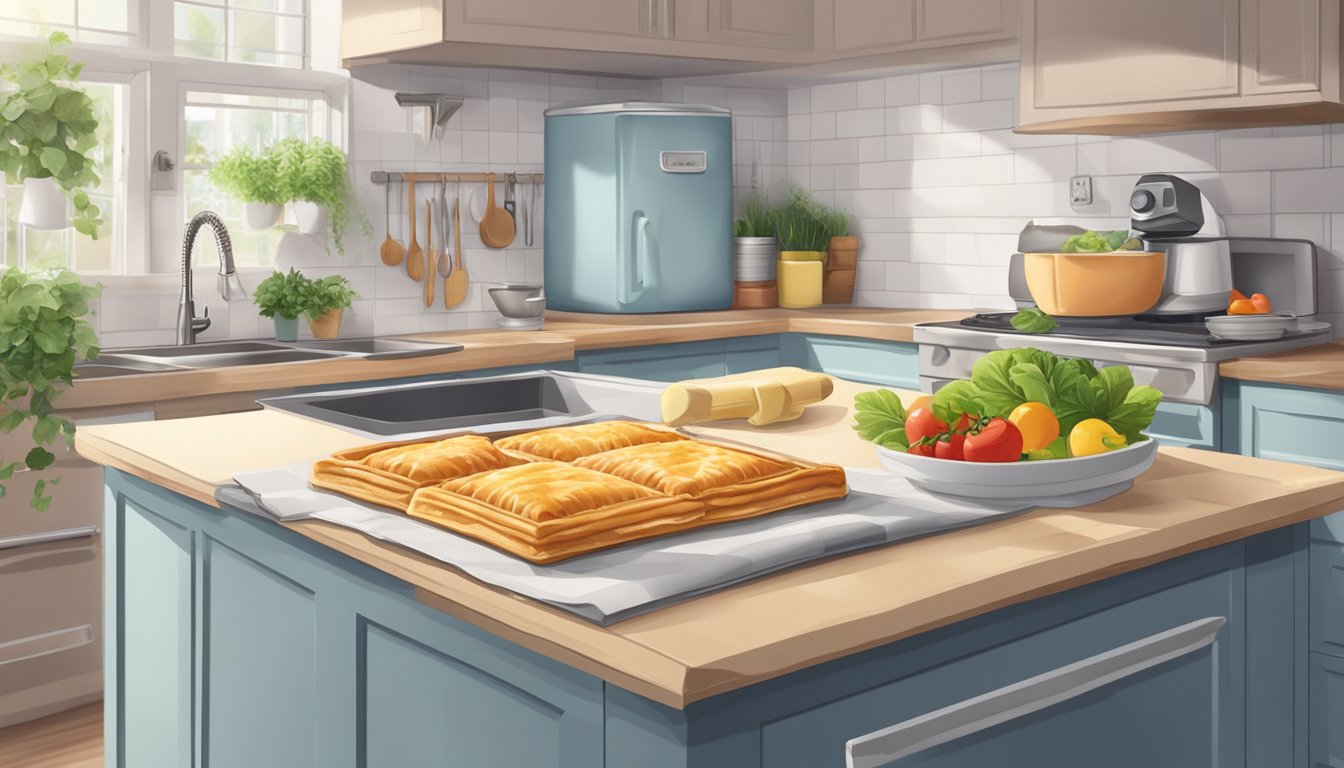 A puff pastry sits on a kitchen counter, surrounded by fresh ingredients and a refrigerator in the background