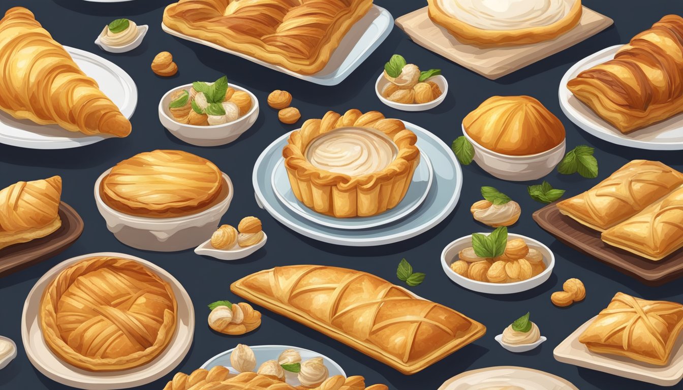 A table with various puff pastry dishes: flaky tarts, stuffed pastries, and golden-brown turnovers, all arranged on elegant serving platters