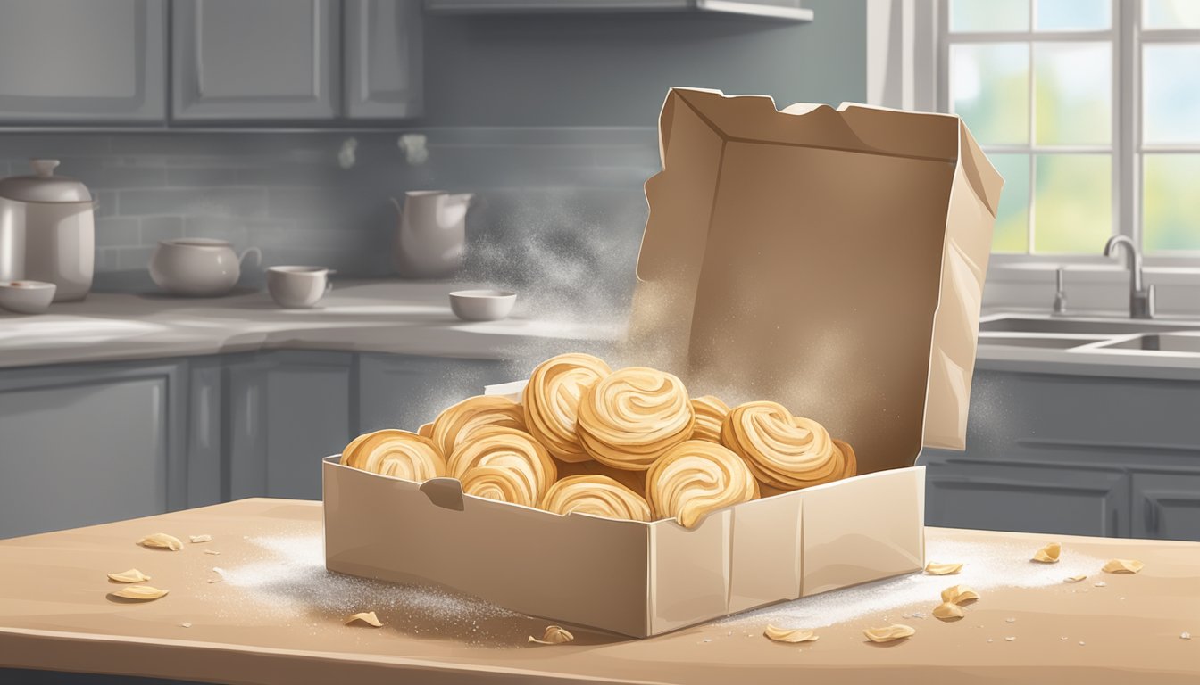 A crumpled, empty puff pastry box sits on a kitchen counter, surrounded by scattered crumbs and a faint odor of mold