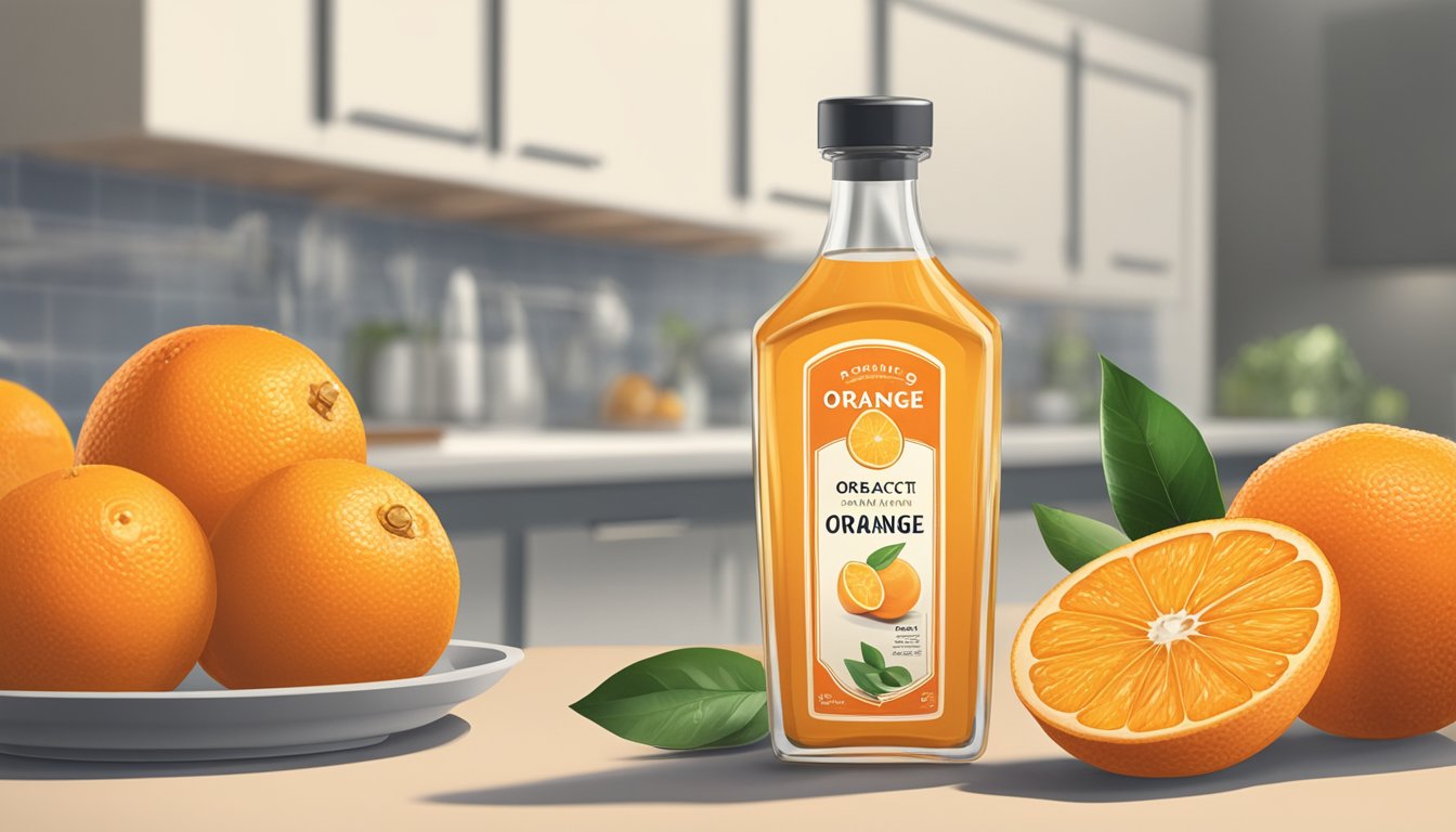 A glass bottle of orange extract sits on a kitchen counter next to a pile of fresh oranges. The bottle is unopened, with a clean label and no visible signs of spoilage