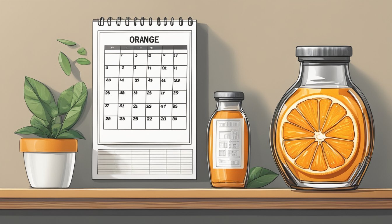 A bottle of orange extract sits on a kitchen shelf next to a calendar. The label shows the expiration date, and the liquid inside is clear and vibrant